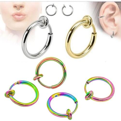 SaYao 2 Piece New Rainbow Fake Nose Ring Goth Punk Lip Ear Nose Clip On Fake Piercing Nose Lip Hoop Rings Earrings body jewelry