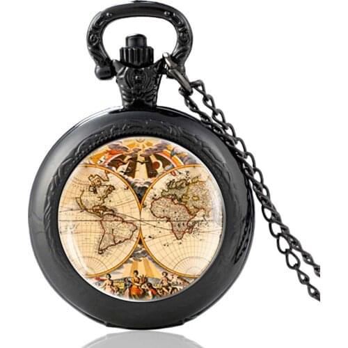 Ancient World Map Design Glass Cabochon Quartz Vintage Unique Pocket Watch Men Women Pendant FOB Necklace Hours Clock