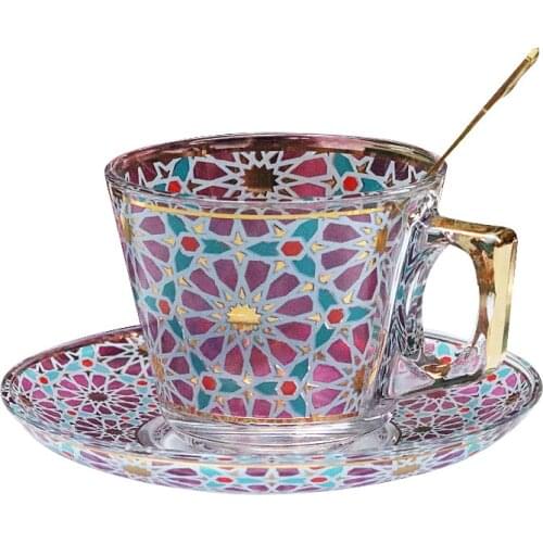 Glass Cups & Saucers With Spoon Gold Handle Mugs Birthday Presents Wedding Gifts Luxury Turkish Style Kitchenware 200ML