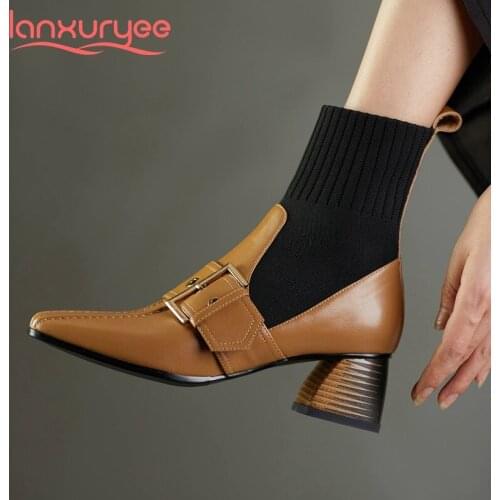Lanxuryee knitting boots genuine leather stretch buckle decorations square toe thick med heel slip on gorgeous ankle boots L18