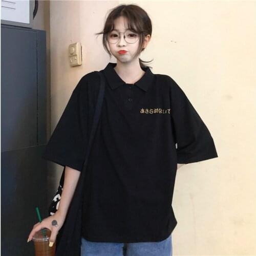#0128 White Black Brown T Shirt Women Short Sleeves Polo Collar Print Preppy Style Tops Clothes T-shirt Fashion Casual Loose