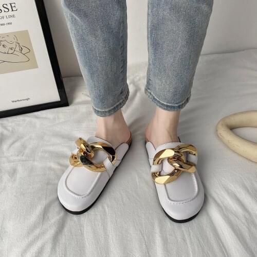 2021 New Metal Chain Decoraction Shoes Slippers For Women Casual Round Toe Flat Platform Outdoor Indoor Slides Large Size 41 42