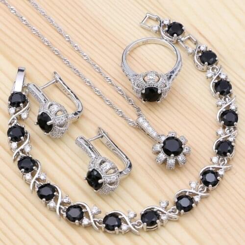 925 Sterling Silver Jewelry Sets Black Cubic Zirconia For Women Party Accessories Earring/Pendant/Necklace/Bracelet/Ring
