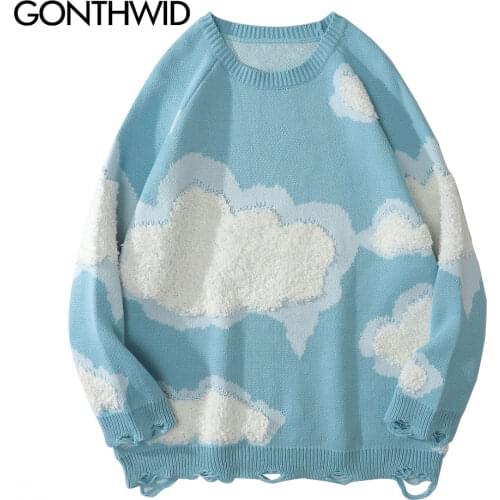GONTHWID Knitwear Sweater Women Harajuku Hip Hop Streetwear Knitted Cloud Ripped Holes Casual Kawaii Loose Pullover Jumpers Tops