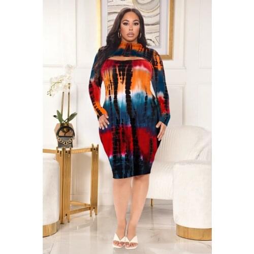 Echoine Plus Size Fashion Womens Sexy Tie-dye Printed Hollow Dress Vestido Feminino Maxi Dresses For Women