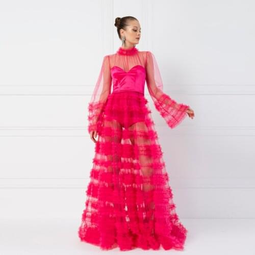 High Fashion See Thru Hot Pink See Thru Tulle Women Outfit Full Sleeves Ruffles Tiered A-line Long Women Dresses Beach Gowns