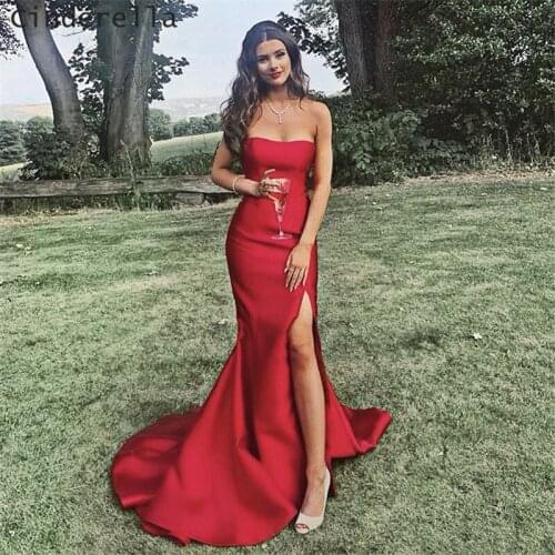 Cinderella Strapless Sleeveless Evening Gowns Floor Length Satin Evening Dresses Zipper Back Sexy Evening Dresses