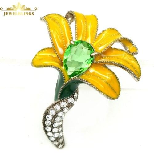 Nature Antique Micro Pave Crystal Stem Pear-Shaped Green Stone Domed Pink Enamel Orchid Brooches Lily Pin Floral Hijab Accessory