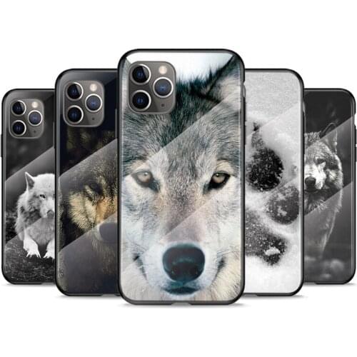 Tempered Glass Cover Cute Black Wolf Print For Apple iPhone 12 11 8 7 6 6S XS XR SE X 2020 Pro Max Mini Plus Phone Case