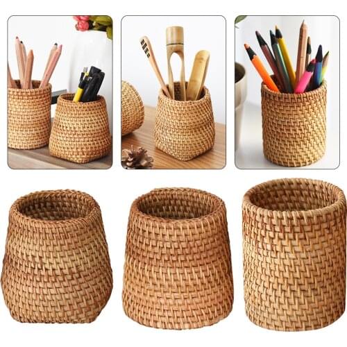 Rattan Pen Holder Handwoven Pencil Makeup Brush Organizer Multi-Purpose for Home Office Desk