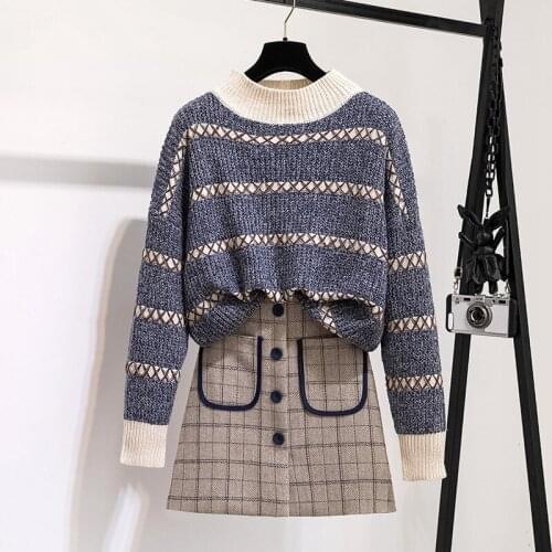 2020 Winter Plaid Skirt 2pcs Knitted Jumper Sets Long Sleeve Pullover Sweater + Mini Skirt two piece Sets Oversize