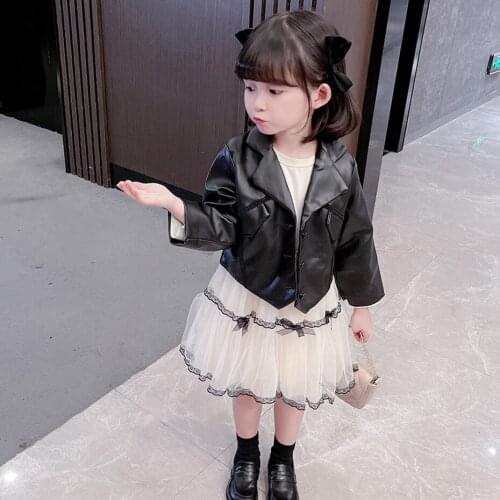Girls Clothes Set Leather Jacket + Mesh Dress Clothes For Girls Casual Tracksuit Girl Autumn Tracksuits For Children