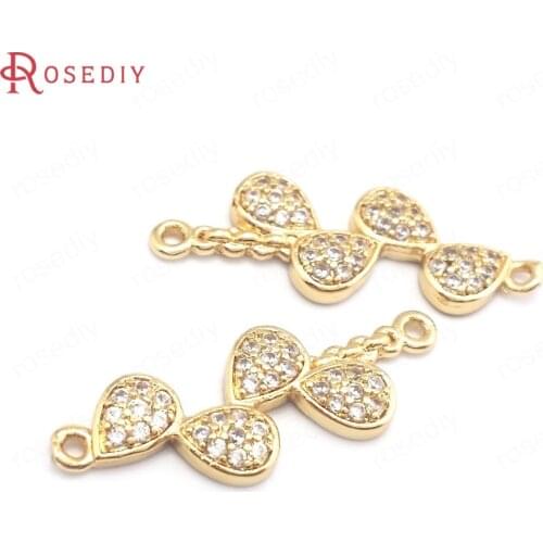 40030)6PCS 10x29MM 24K Champagne Gold Color Brass and Zircon 2 Holes Drop Shape Connect Charms Pendants Jewelry Making Supplies