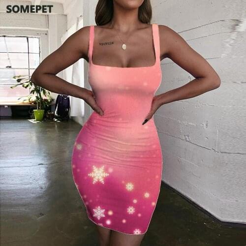 SOMEPET Christmas Dress Women Snowflake Ladies Dresses Pattern Vestido Sexy Psychedelic Halter Sleeveless Womens Clothing Summer