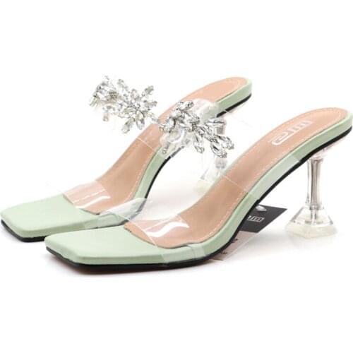 Sandals Women Square Toe Heels Summer Slippers Peep Toe Ladies Multi Colors Crystal Shoes Sandalias De Verano Para Mujer hy208