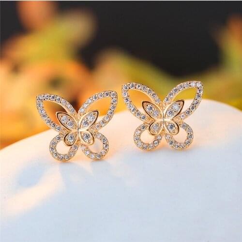 Luxury Female White Crystal Stone Earrings Rose Gold Silver Color Wedding Earrings For Women Cute Butterfly Small Stud Earrings