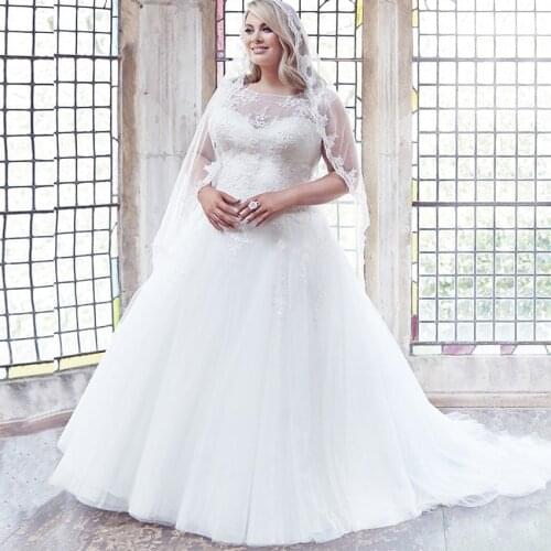 Modest Scoop Cap Sleeves Plus Size Wedding Dresses A-line Tulle Appliqued Bridal Gown Customized Vestidos de Novia 2020 trouwjur