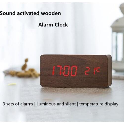 Led Digital Alarm Creative Wood Electronic Silent Temperature Display Usb Table Voice Control Desk Clock