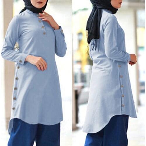 Womens Asymmetrical Blouse ZANZEA 2021 Vintage Autumn Shirts Muslim Long Tops Female Button Blusas Plus Size Islamic Tunic