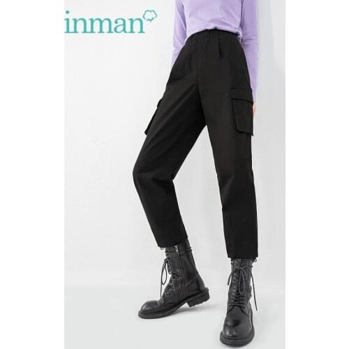 INMAN Womens Cargo Pants Casual Cool Style Overalls Elastic Waistband Adjustable Drawstring Hem Straight Solid Color Trousers