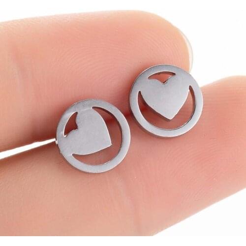 Women Small Love Heart Star Deer Sea Wave Cross Stud Earrings Punk Stainless Steel Geometric Round Earrings Lover jewelry Gifts