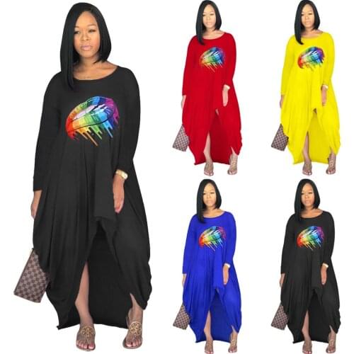 Dresses for Women Casual Asymmetrical Printing Ankle-Length Raglan Sleeve Loose Waist O-Neck Summer Dresses Women