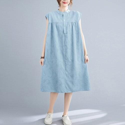 Women Summer Cotton Linen Casual Dress New Arrival 2021 Vintage Style Stand Collar Solid Color Loose Female Long Dresses B763