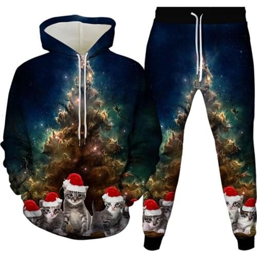 Winter Christmas Tree Animal Cat Dog Snowman Santa Claus Print Men Women Fashion Clothes Hoodies+Pants Set Size S-6XL Tracksuit