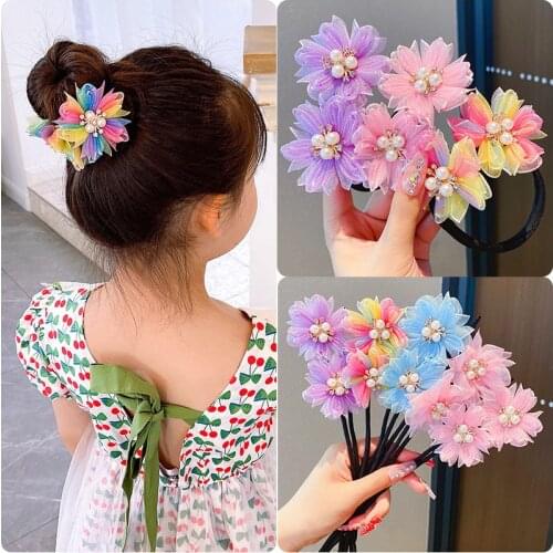 1PCS Lovely Colorful Pearl Flowers Girl Baby Set Hair Utensils Children Ball Head Coiled Hair Rope HeadWear
