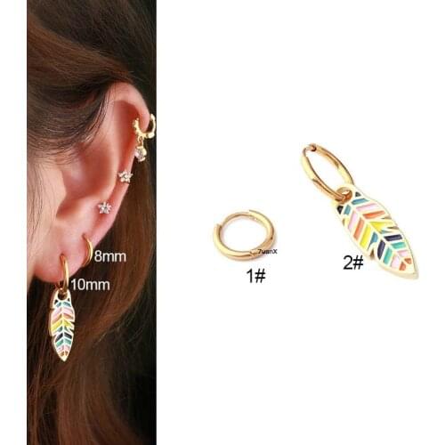 1 Piece Leaf Dangle Lobe Piercing Cartilage Hoop Earrings Stainless Steel 8mm 10mm