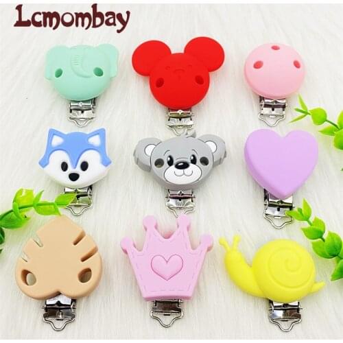10Pcs Pacifier Chain Clip Leaf snail Elephant Crown Mickey Fox Food Grade Silicone Clip Baby Teething Bead Silicone Teether
