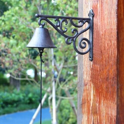 Antique Black Triangle Rack With Hollow Whirl Design Cast Iron Hand Cranking Wall Mounted Welcome Door Bell Farm House Craft
