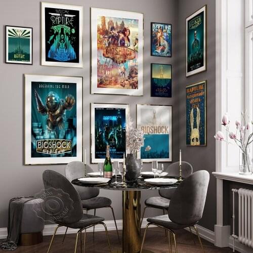 Bioshock Rapture Video Shooting Game Vintage Poster Wall Art Pictures Decor for Bedroom Playroom Home Decorative Wall Stickers