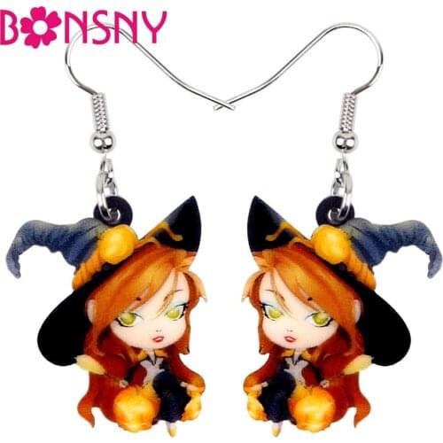 Bonsny Acrylic Halloween Anime Magical Witch Earrings Drop Dangle Fashion Cute Jewelry For Women Girls Teens Wholesale Accessory