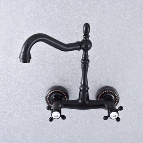 Black Oil Rubbed Bronze Bathroom Kitchen Sink Basin Faucet Mixer Tap Swivel Spout Wall Mounted Dual Cross Handles Lsf744