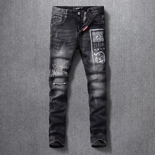 Streetwear Fashion Men Jeans Black Elastic Slim Ripped Jeans Men Embroidery Beading Printed Designer Hip Hop Denim Punk Pants