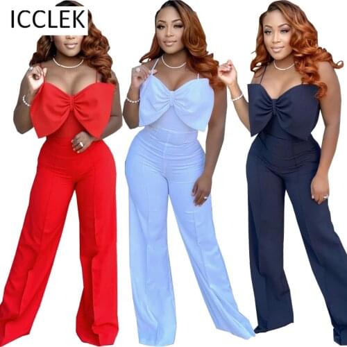ICCLEK Wholesale Items Plus Size Summer Women Fashion Sexy Solid Color Bow Suspender Back with Invisible Zipper Jumpsuit