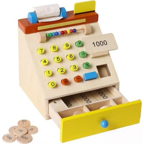 Children Supermarket Wood Simulation Cash Register Checkout Counter Pretend Game Toys Toy Cash Register for Kids