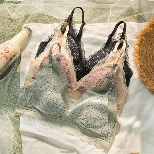 Wasteheart New Women Fashion Lace Bra Dots Bra Set Deep V Cotton Panties Wireless French Underwear Sexy Lingerie Set