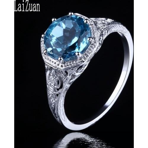 LaiZuan Real 10K White Gold Round 2.3ct 100% Genuine Natural Blue Topaz Engagement Wedding Vintage Trendy Jewelry Gemstone Ring