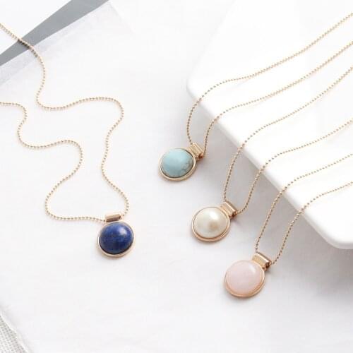 Fashion Gold Color Natural Stone Round Lapis Lazuli Kallaite Pink Crystal Necklace Women Jewelry