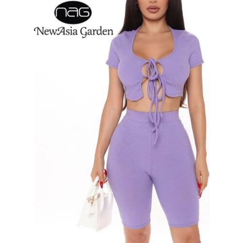 NewAsia Ribbed Elastic 2 Piece Set Women Short Sleeve Lace Up Crop Top And Shorts Matching Set Casual Jogging Tracksuit Outfits