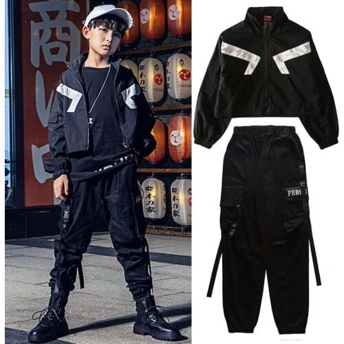 New Jazz Street Dance Costumes For Boys Black Long Sleeved Jacket Loose Pants Ballroom Hip Hop Clothes Performance Wear SL4583