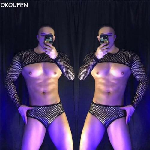 New Sexy Nightclub ds costume Men and women muscle gogo costumes Sexy black mesh Perspective suit