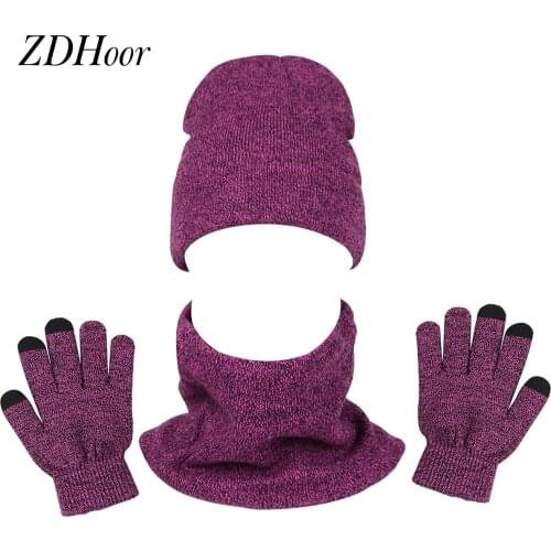 Fall Winter Warmer Set Women Men Hat&Gloves Scarf Adult Warm Knitted Velvet Beanie Cap with Full Finger Glove Neck Cover Outfits