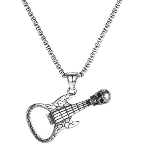 Cyue Fashion Retro Punk Stainless Steel Mens Necklace Personality Skull Guitar Beer Bottle Opener Jewelry