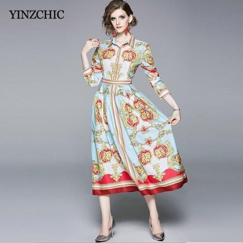 Vintage Printed Woman Spring Dress Ladies Slim A-line Party Dresses Royal Print Midi Dresses for Woman OL Elegant Dress