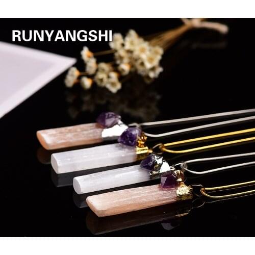 Runyangshi 1pc Natural plaster stone pendant Inlaid Amethyst teeth Gold Chain Silver Chain choker necklace jewelry