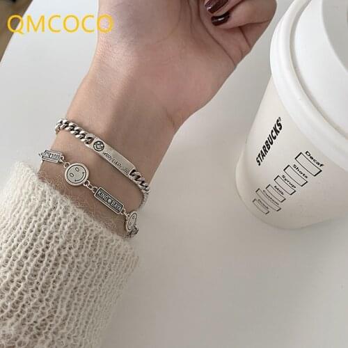 QMCOCO 925 Silver Party Bracelets For Woman Vintage Smile Face Square Letters Thai Silver Geometric Handmade Jewelry Gifts