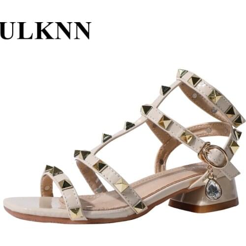 ULKNN Girls Rivets Sandals Summer 2021 Childrens New Buckle Rivet Campus Show Girls Shoes Blue Sandal Kids Ligth Rhinestone